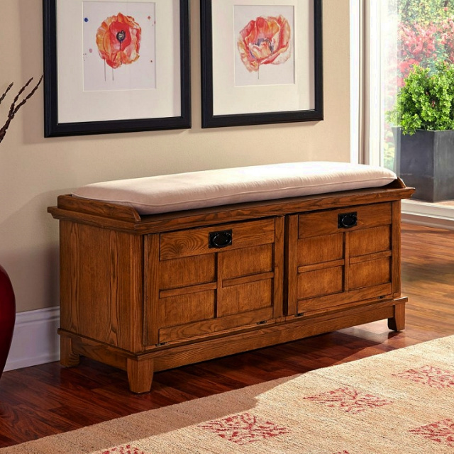 Arts and Crafts Oak Upholstered Storage Bench